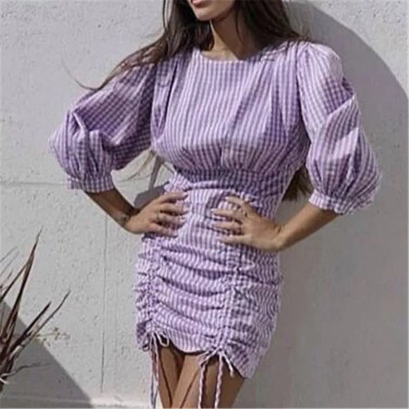 Sexy Violet plaid O-neck dress women three quarter sleeve lace up female short Party club wear ladies mini 210430