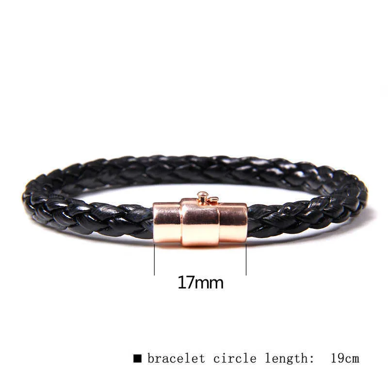 Bracciale da uomo in pelle nera fatta a mano con corda intrecciata, bracciale in metallo nero con fibbia magnetica, semplice braccialetto gioielli, regali Q0719