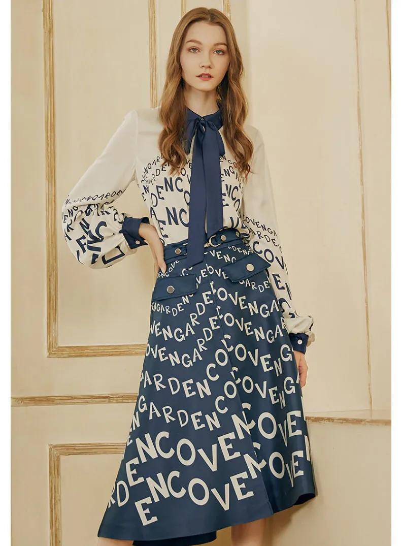 Français deux pièces ensemble lettre imprimé noeud papillon femmes bleu blouse dame taille haute jupe ensembles style designer 210421