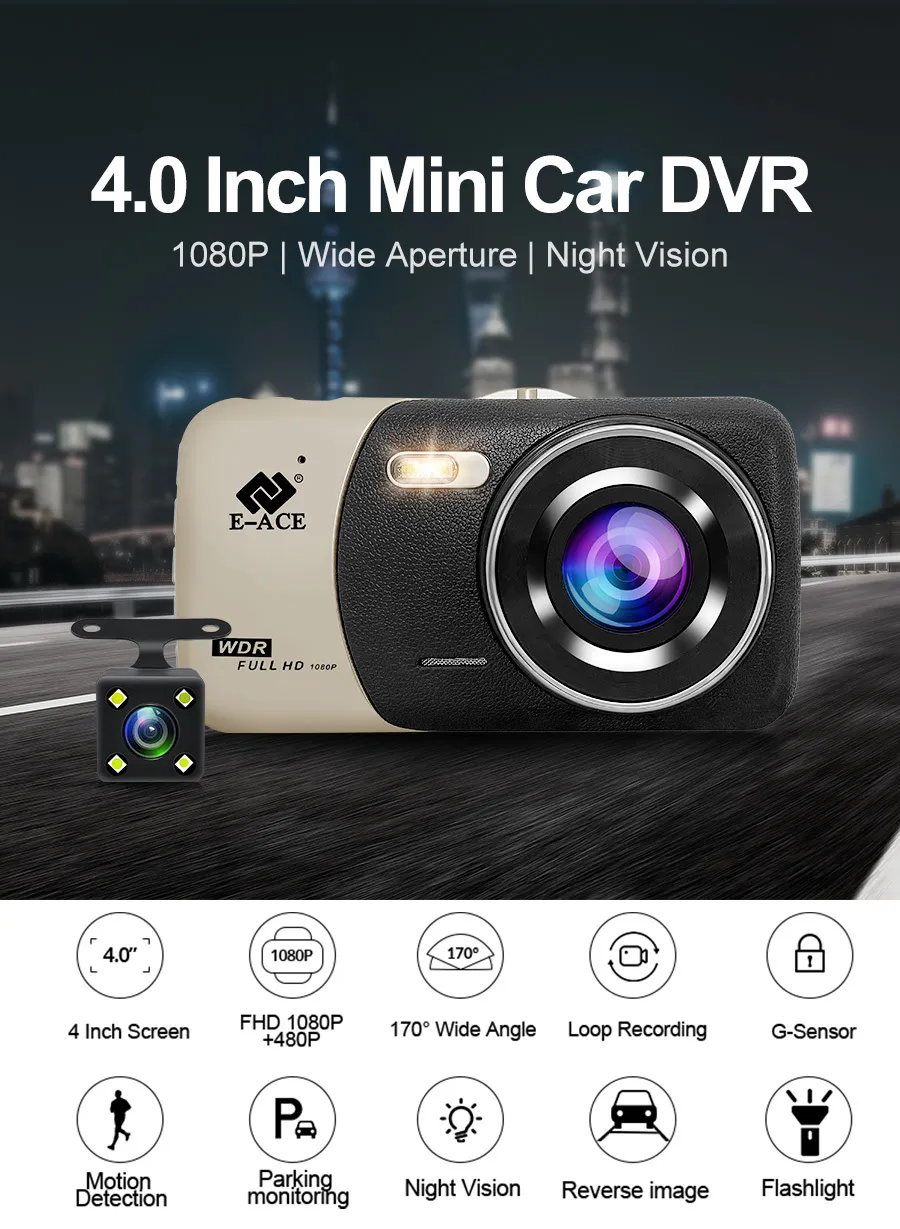 E-ACE B07 Car Dvr 4.0 Inch Dashcam FHD 1080P Dash cam Video Recorder With Rear View Camera Night Vision Auto Registrator Dvrs