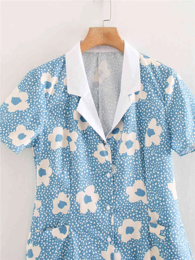 summer vintage woman slim high waist lapel single-breasted blue sunflower print pocket mini dresses 210514