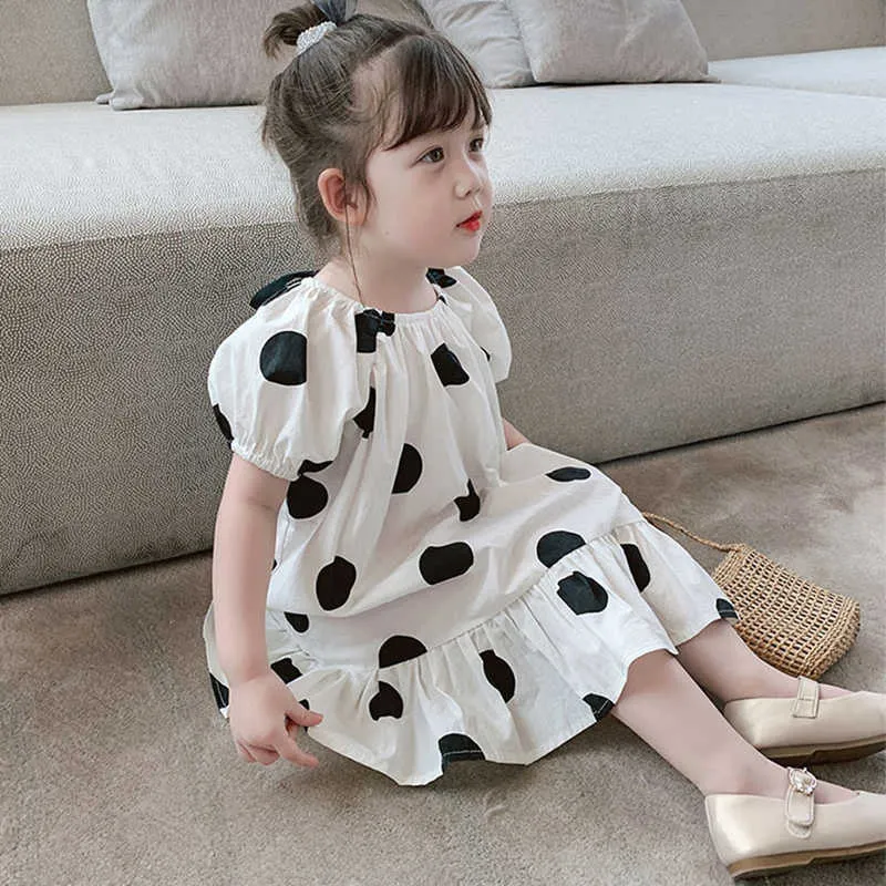 2-6Y Filles Polka-Dot Robe 2021 Été Polka Dot Coton avec Bow Robe de Bal Vêtements Enfants Bébé Princesse Robes Enfants Vêtements Q0716