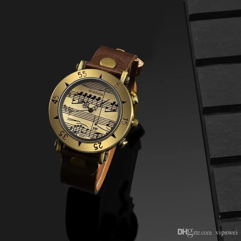 12-uurs weergave quartz horloge Retro PU-band Metaal Brons Kast Muzieknoot Markers Unisex horloges Oud-Romeinse stijl262I