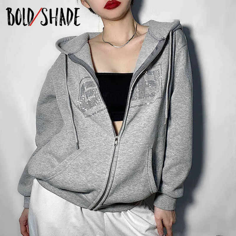 Bold Shade 90er Jahre Skater Style Strass Hoodies Brieftasche Reißverschluss Damen Sweatshirts Langarm Y2k E-Girl Streetwear Hoodie Y1118