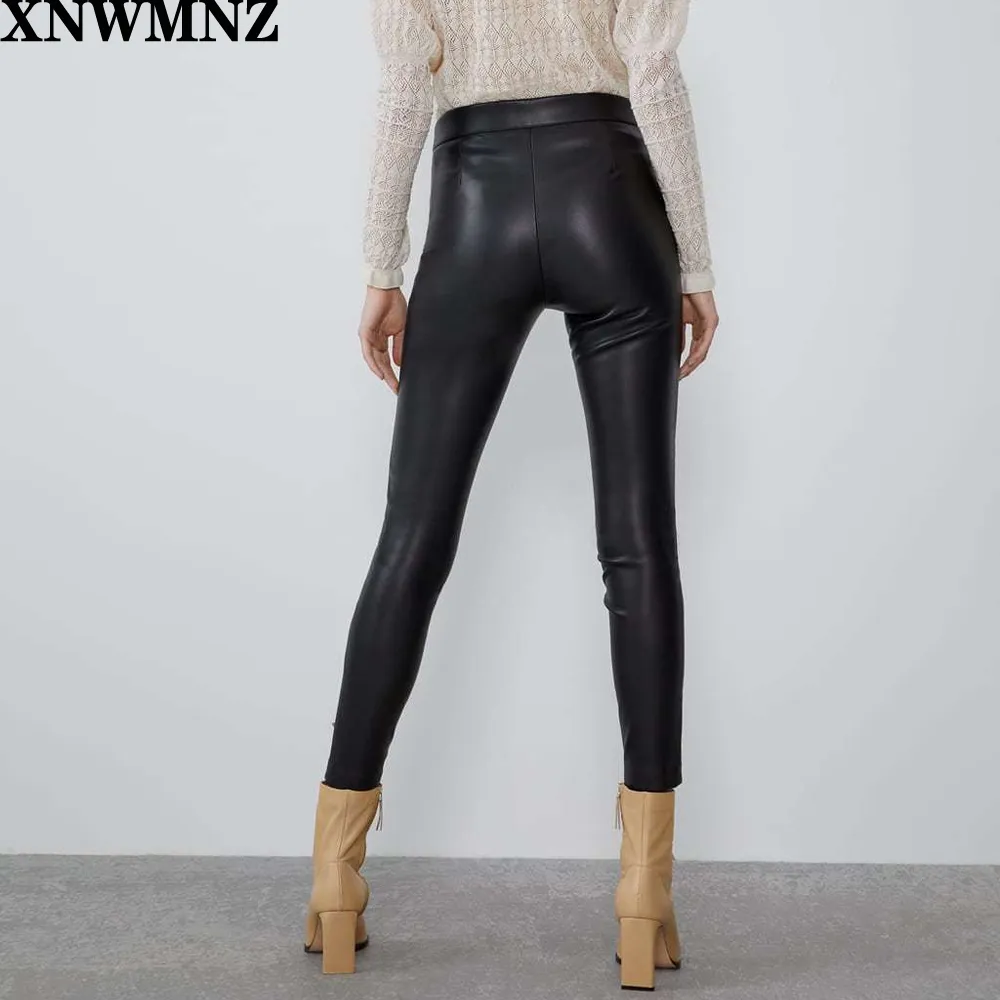 Mode Höst Vinter Kvinnor Hög Wasit Faux Läderbyxor Lady Black Beige Fleece PU Zippers Skinny Stretch Pencil Pants 210510