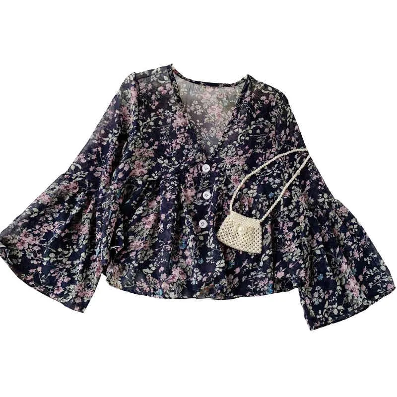 Lente Herfst Dames Chiffon Shirt Sexy V-nek uitlopende mouw Losse Slanke Mode Doll Floral Top GD469 210506