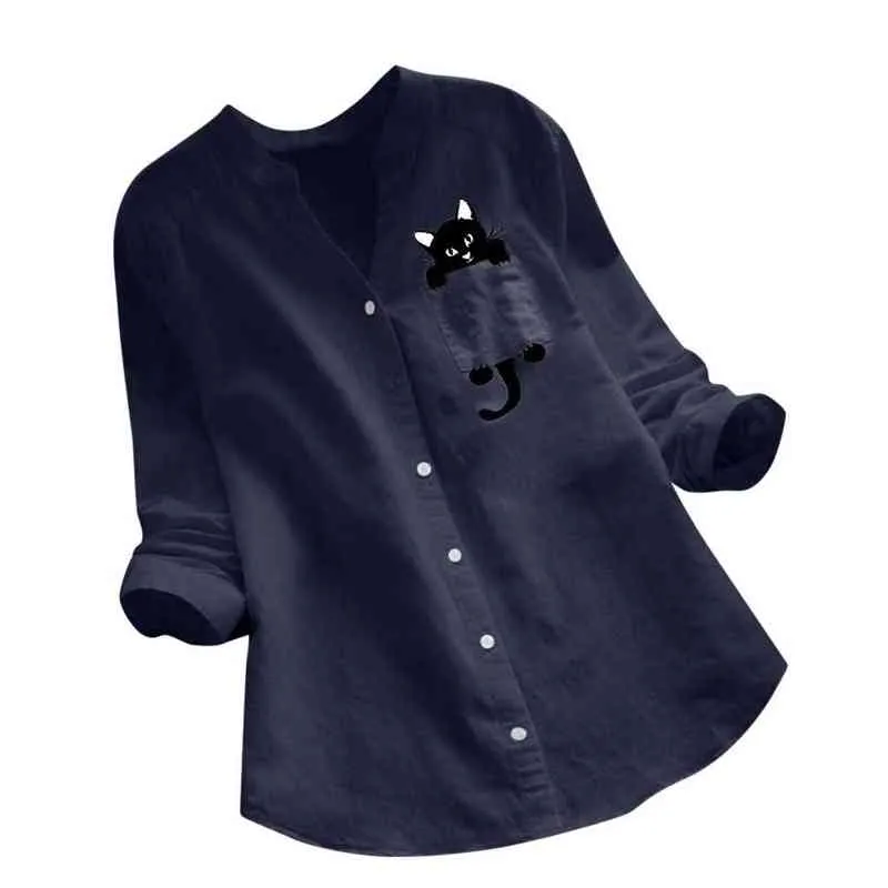 Kadın Kedi Gömlek Keten Bluz Uzun Kollu Kawaii Bluzlar Lapple Cep Aşağı Yakalı Gömlek Tops Bahar Kadın Giysileri H1230