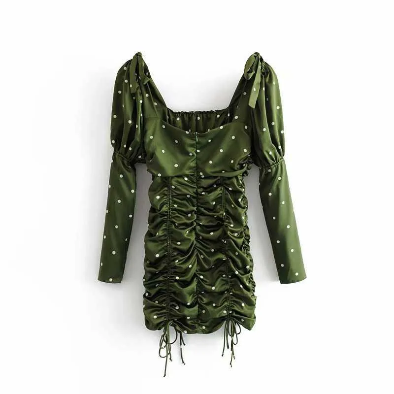 Elegante dulce verde lunares vestido fruncido lindas mujeres vestidos de cuello cuadrado vestidos casuales para niñas streetwear outfit 210531