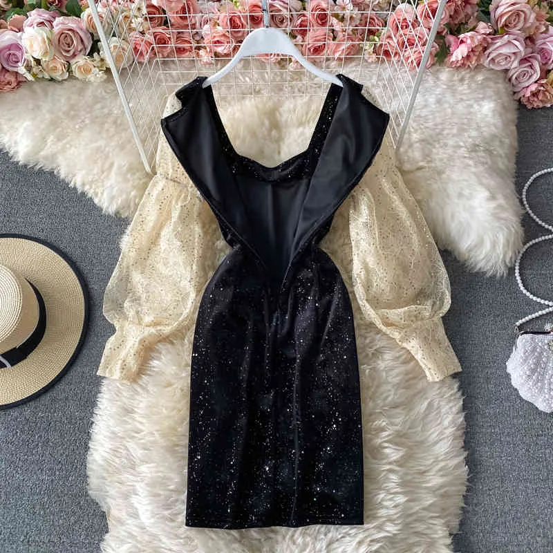 Autumn Winter Temperament Fashion Square Collar Bag Hip Dress Female Puff Sleeve Lace Stitching Retro Velvet UK907 210506