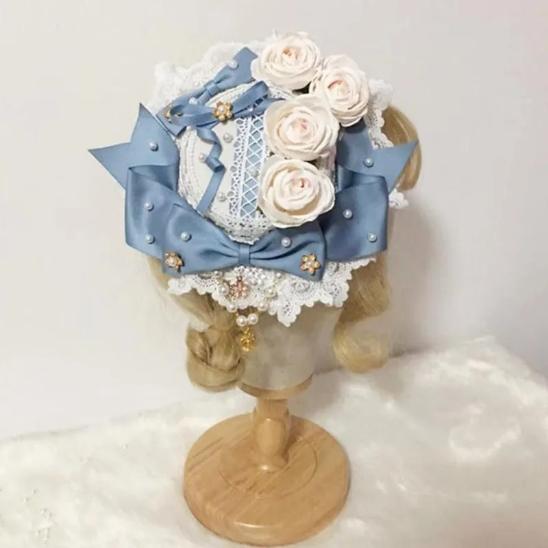 Sombreros tacones de ala japonesa lolita lolita dulce mini tapa sombrero perla cinta de perlas arco bownot fascinadores de flor de anime ac258b