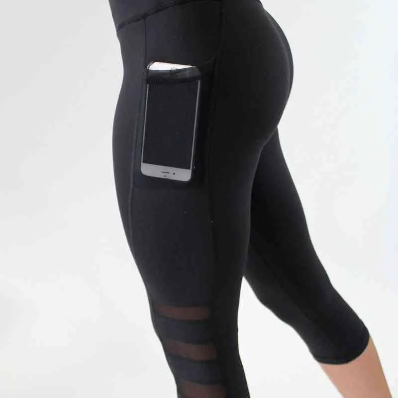 Summer Mesh Patchwork Fitness Leggings Pocket Design Workout Calf-Length Yoga Pants Sport Gym Pantalones Deportiva Mujer 210514