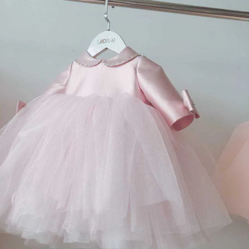 Lente tiener meisjes jurk roze boog sleeves prinses jurken piano prestaties bloemen meisje voor bruiloften E0909 210610
