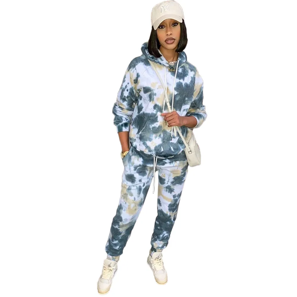 Loungewear Women Two Piece Pants Set Tie Dye Långärmad Hoodies Sweatshirt BF Style Baggy Trousers Workout Kläder Streetwear 210525