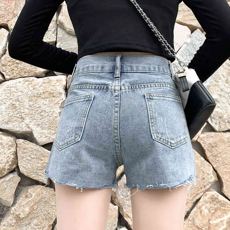 韓国風リッピングショーツ緩いソリッドボタンワイドレッグ女性のシャツプラスサイズのハイウエストスリムストレートレッグ9515 210427