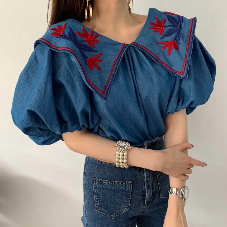 Comelsexy vintage etnische stijl bloem borduurtje blouses vrouwen zomer lantaarn mouw losse denim shirt femme tops blusas 210515