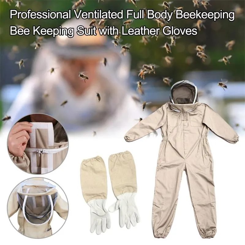 Odzież ochronna do pszczelarstwa profesjonalna wentylowana pszczoła pełne ciało utrzymują garnitur ze skórzanymi rękawiczkami, kolor kawy Frugal Shad3487