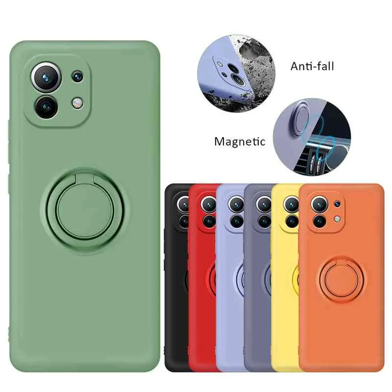 Custodie in Silicone liquido originale Xiaomi Mi 11 Ulta 10T Lite POCO X3 Supporto ad anello Custodia morbida cinturino Redmi Note 10 Pro 9 10S