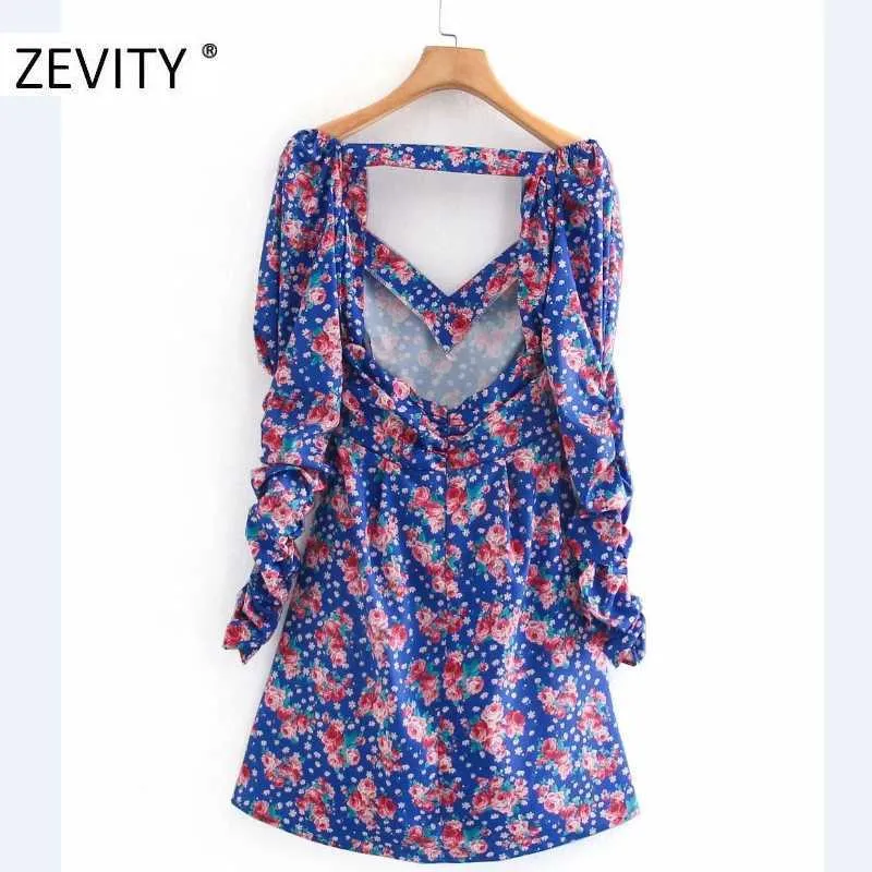 Zevity Kvinnor Elegant V Neck Blomma Tryck Knuten Slank Mini Klänning Kvinna Sexig Backless En Linje Vestidos Chic Party Dresses DS4432 210603