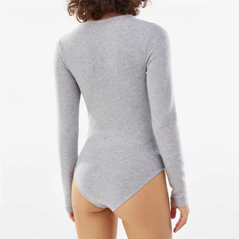 Elegant Women Grey Slim Rompers Fashion Ladies Solid Soft Romper Causal Female Chic Cotton Full Sleeve Bodysuits 210427