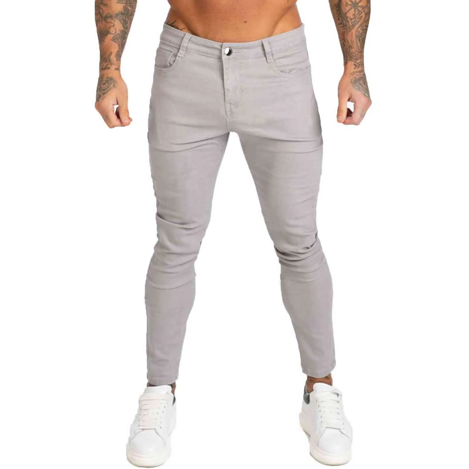 GINGTTO Denim Pantalon Hommes Skinny Slim Fit Gris Jeans pour Hip Hop Cheville Coupe Serrée Près du Corps Grande Taille Stretch zm175 211108