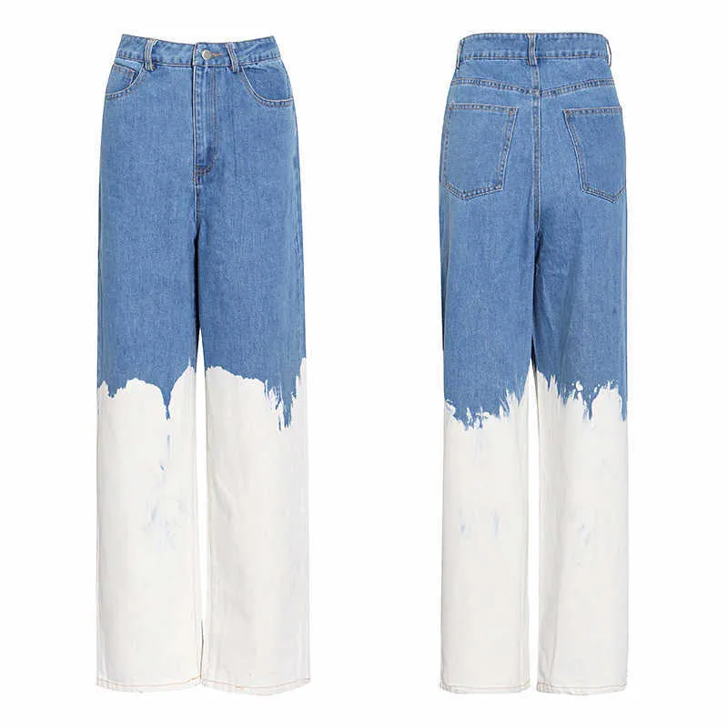 Twotoyle casual lösa målade kvinnor full längd jeans hög midja träff färg asymmetriska denim bredben byxor för kvinnlig 210922