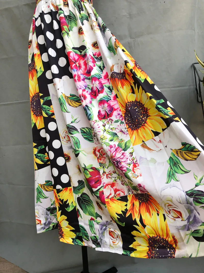 été plage tournesol imprimé à pois spaghetti sangle maxi robe vintage rétro Paris style chic vocation robes femme 210421