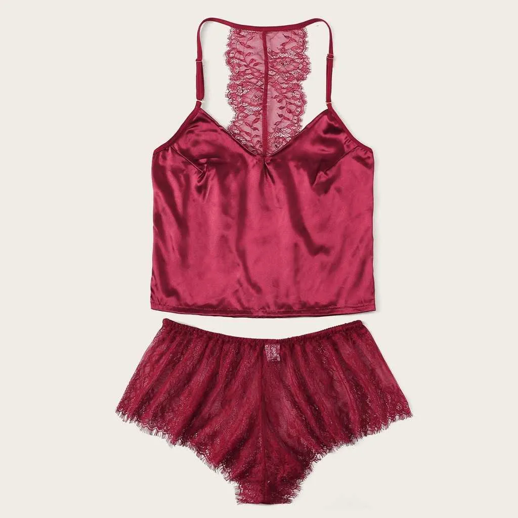 Sexig Underkläder Pajama Set Lace Sling 4 Storlekar Sommar Ärmlös V Neck Red Lace Shorts Pijama Hemdräkt för kvinnor Q0706