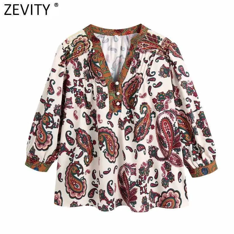 Zevity Women Vintage V Neck Paisley Casual Smock Blouse Ladies Chic Press Totem Floral Print Femininas Shirts Blusas Tops LS9336 210603