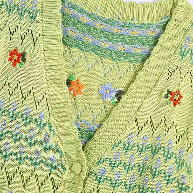 Femmes Fleur Broderie Crochet Tricot Pull Court Gilet Femme V Col Pull Casual Lady Slim Tops SW1216 210430