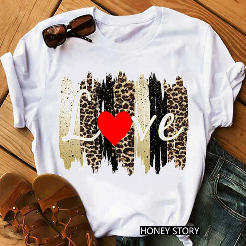 ZoGankin Leopard Love Heart Print T Shirt Kobiety Czarny T-shirt Harajuku Tshirt Summer Faster Casual Krótki Rękaw Tee Koszula X0527