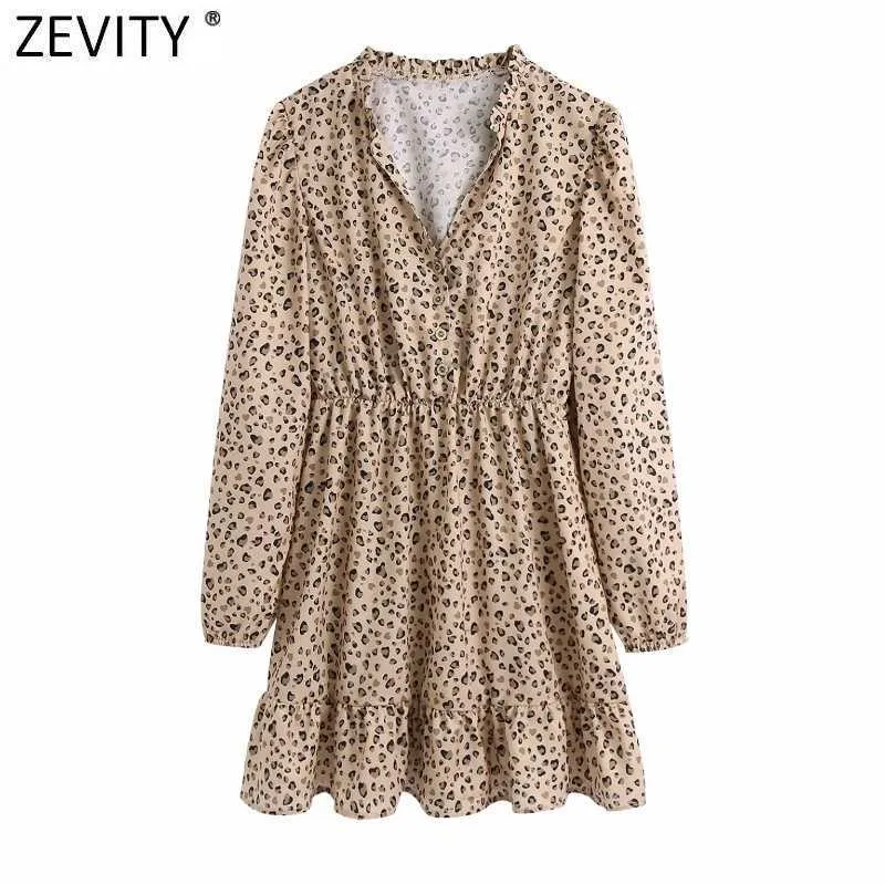 Zevity Women Vintage V Neck Leopard Print Hem Ruffles Mini Dress femme Puff Sleeve Pleat Ruffles Vestido Chic Dresses DS5073 210603