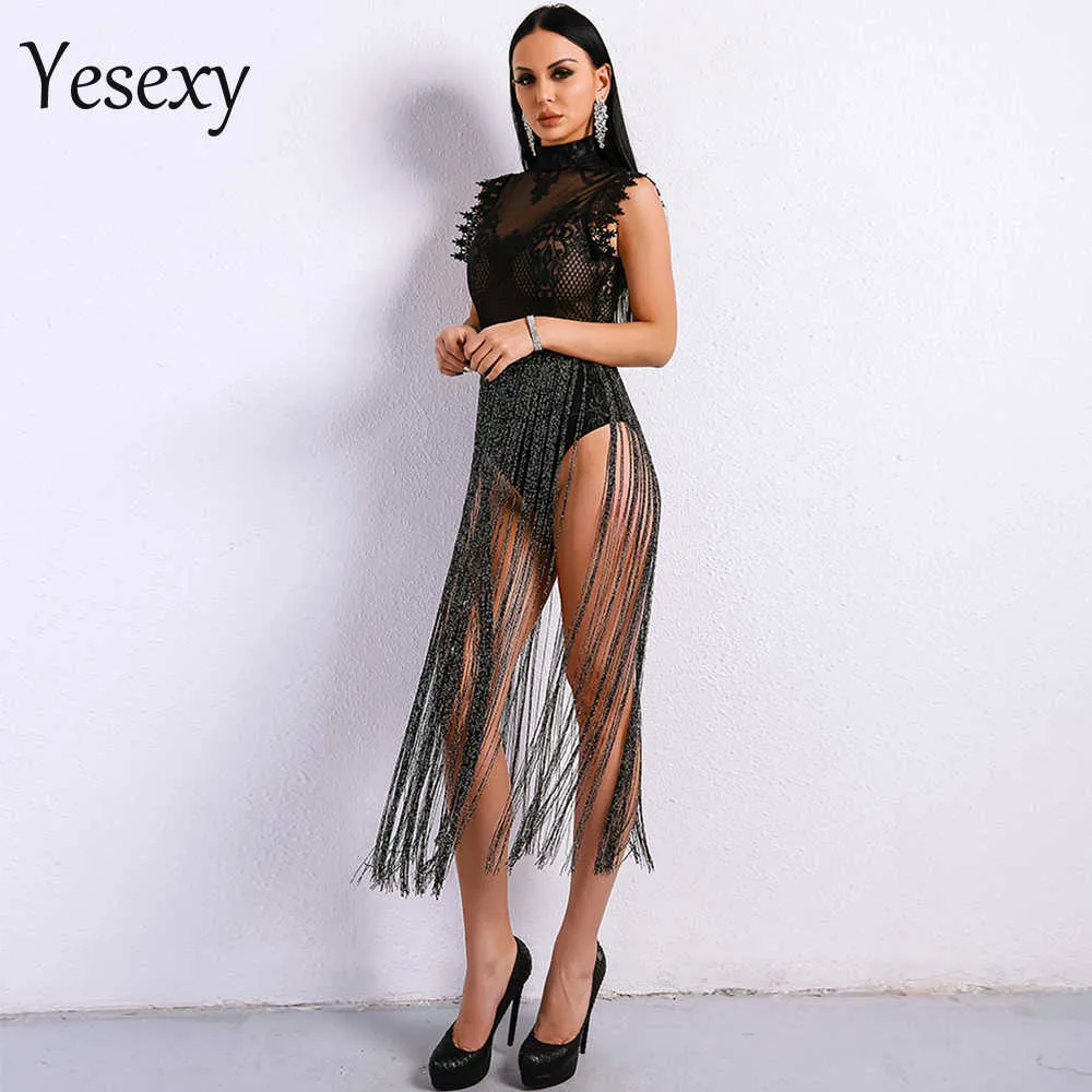 Yesexy Sexy Dames Tassel Playsuit Overalls Hoge Hals Mouwloze Kant Zien door Glitter Tassel Bodysuit VR8901 210728