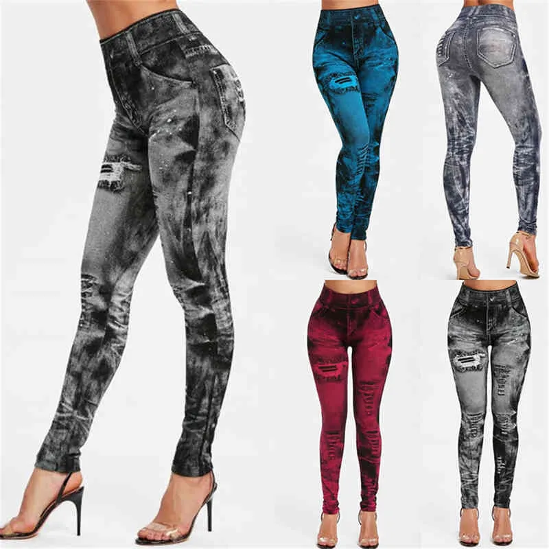 Kvinnor penna jeans skinny slim denim långa stretchiga byxor kvinnlig hög midja print casual mode kläder 210522