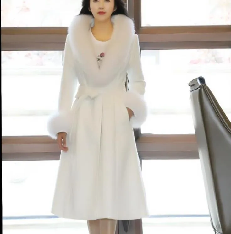 Plus storlek 3xl! Vit ullrock kvinnor överrock koreansk höst päls krage varm lång ullrock mode vinterjacka kvinnor