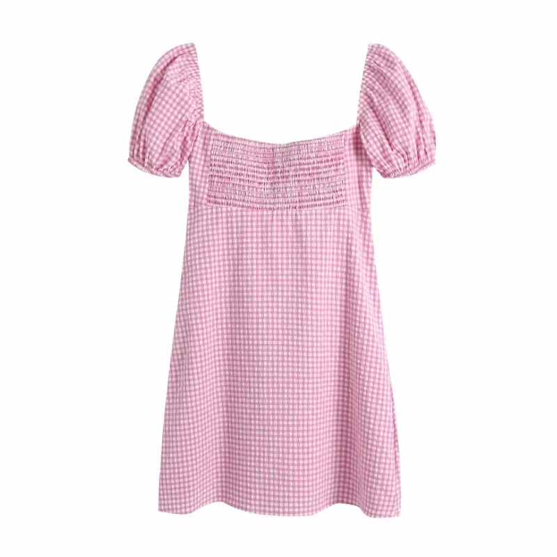 Sommar kvinnor fyrkantig krage puff ärm rosa plaid mini klänning kvinnlig kläder casual lady lös vestido d7562 210430