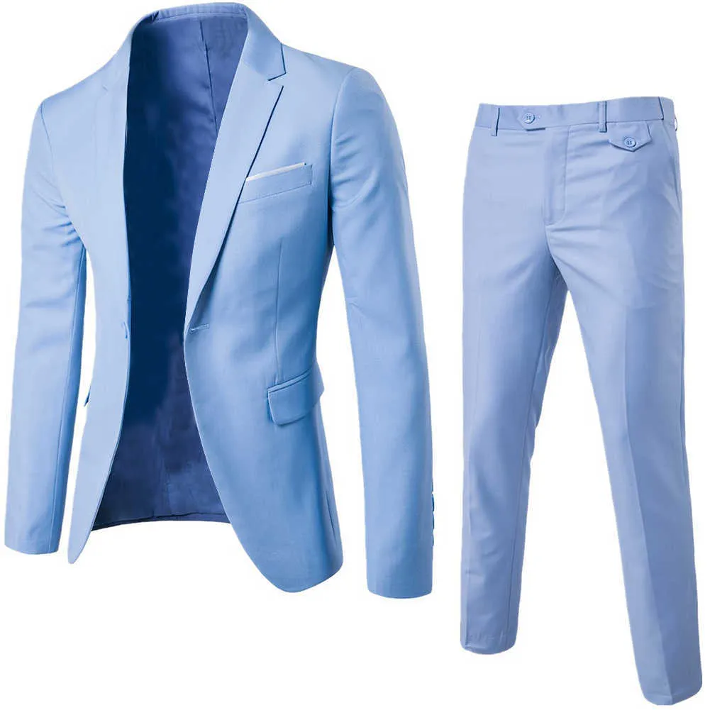 2 adet Set Erkekler Suit Artı Boyutu Erkekler Katı Renk Uzun Kollu Yaka Ince Düğme Takım Elbise İş Giysileri İş Takımları X0909