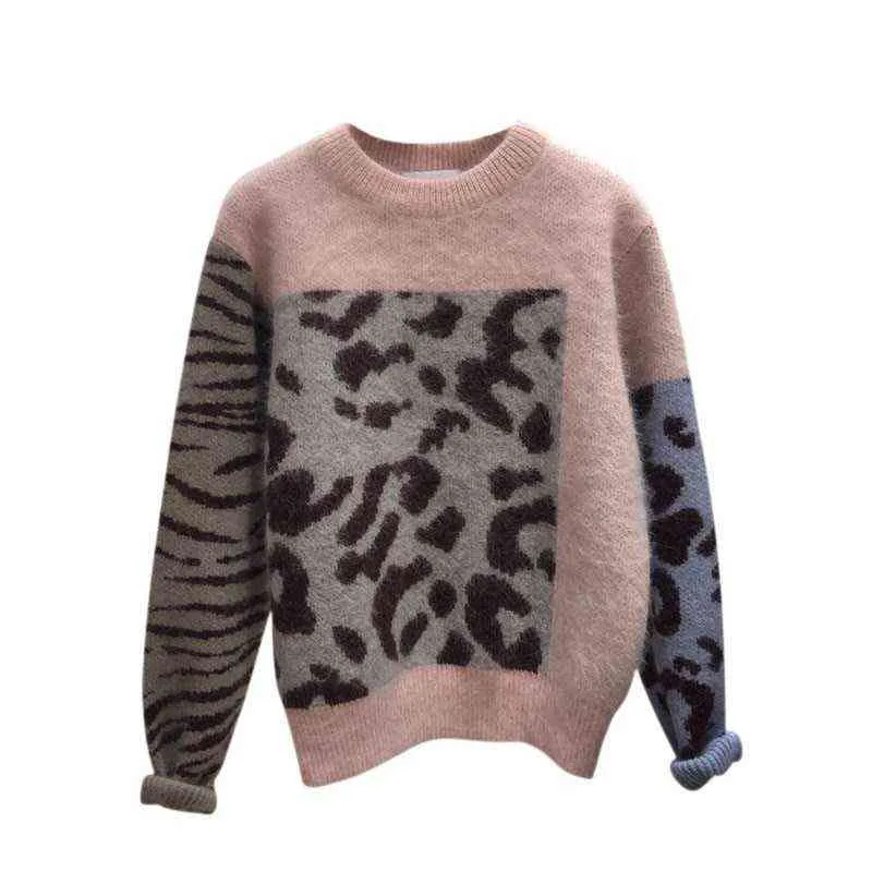 Deat Mulheres Sweater Knit Leopardo Impressão Redonda Collar Manga Completa Estilo Casual Loose Pullover Tops 2021 Outono moda 15ak437 Y1110