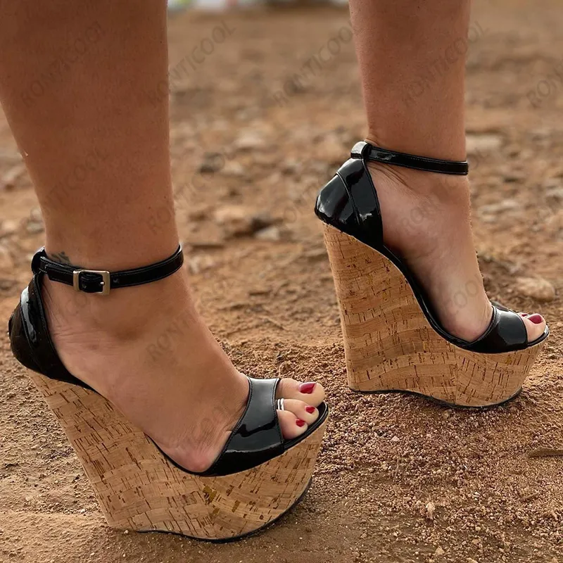 Surntic 2021 اليدوية المرأة الصيف الصنادل لامعة مثير أسافين الكعوب المفتوحة تو أحذية فستان أسود لنا حجم 5-20