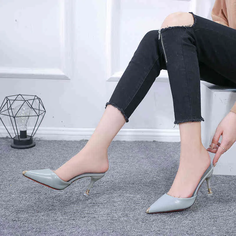 stile mezza pantofola moda tacco gatto scarpe alte a punta versatili coreane indossano sandali sottili 211123