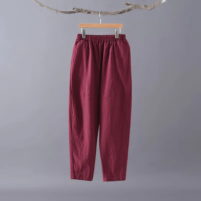 Johnature Herfst Winter Losse Vrije tijd All-match Dames Harem Pants Simple Comfortable Cotton Linnen Volledige lengte Broek 210521