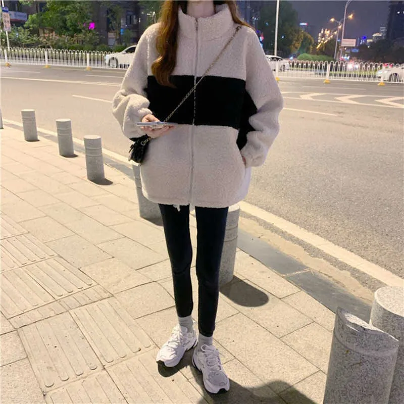 Vinterkvinnorrockar Fashion Loose Stand Collar Casual Ladies Clothed Zipper Ladies Jacket Lamb Wool Women's Coat 211025