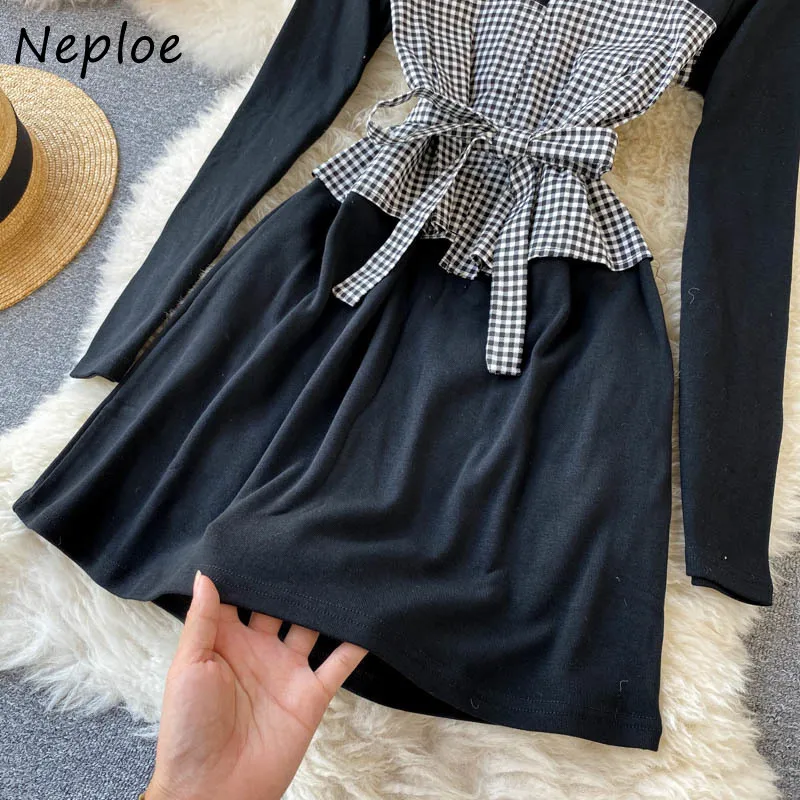Neploeファッション偽の2ピースパッチワークチェック柄ドレス女性ハイウエスト股関節サッシスリムヴェスディドスプリングローブすべてのマッチ210510