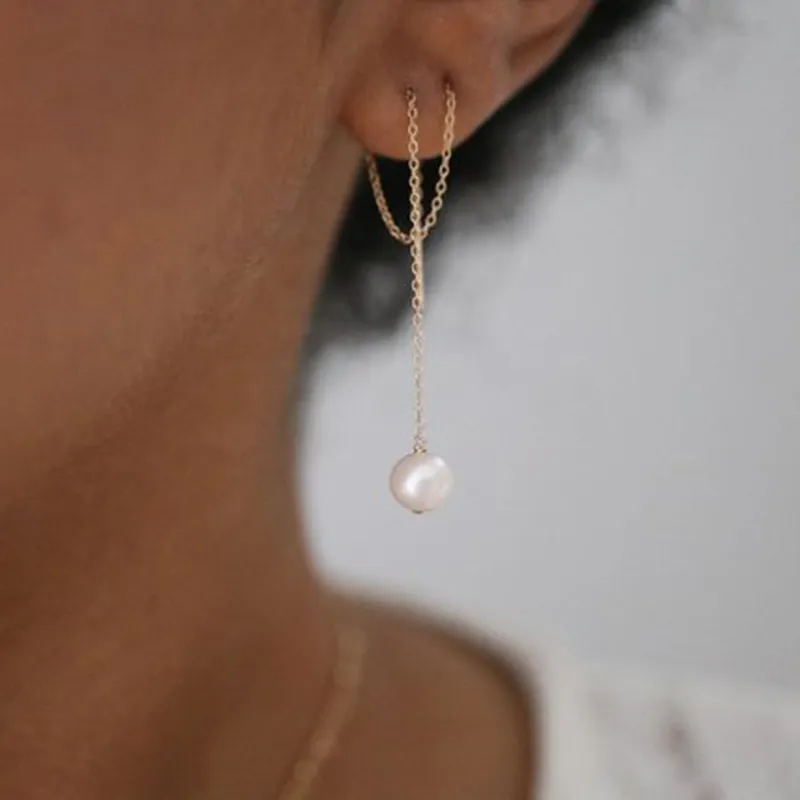 Drop Earrings Handmade Pearl Jewelry Vintage Gold Filled Two Hole Tassel Oorbellen Pendientes For Women Brincos