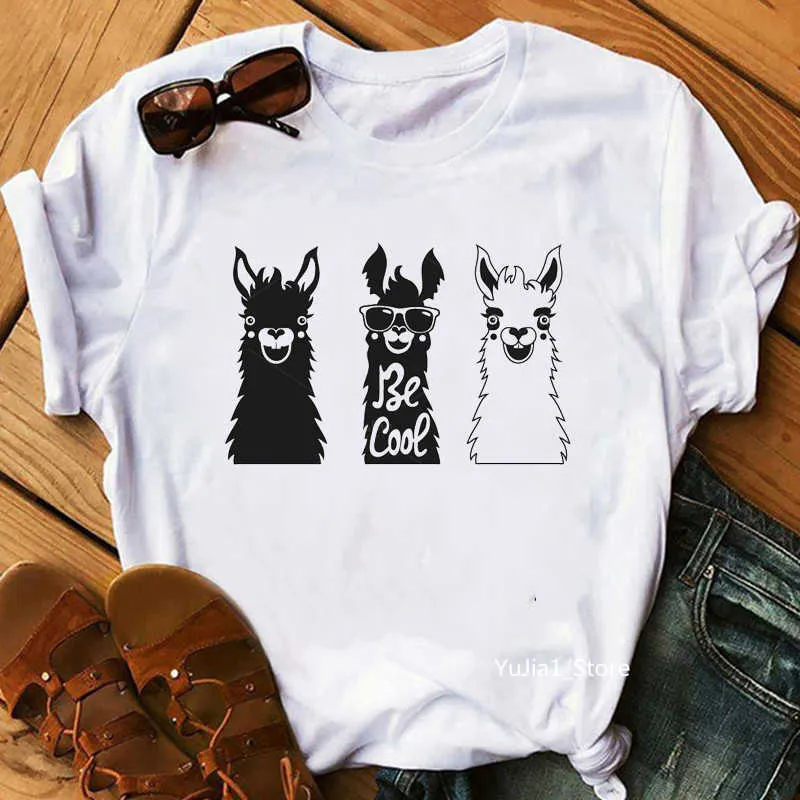 Женская футболка harajuku kawaii alpacas животных печати смешные футболки женщины летние белые вершины Camiseta mujer повседневная футболка одежда x0527