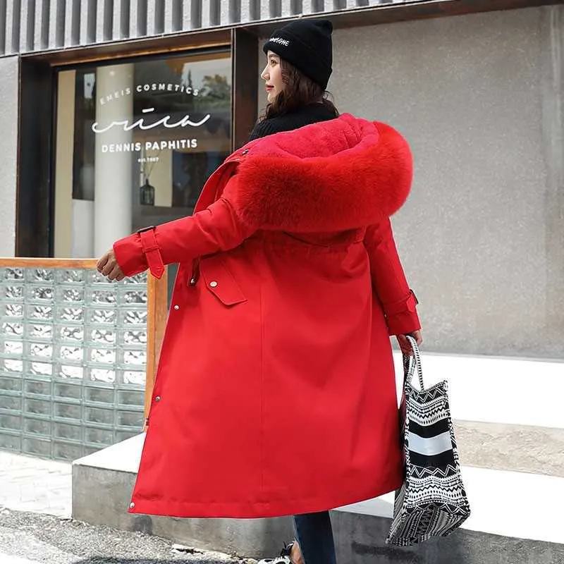 Fitaylor Cappotto lungo invernale da donna Spessore caldo Parka con cappuccio Plus Size Collo di pelliccia grande Ricamo Giacche Cappotti imbottiti 211013