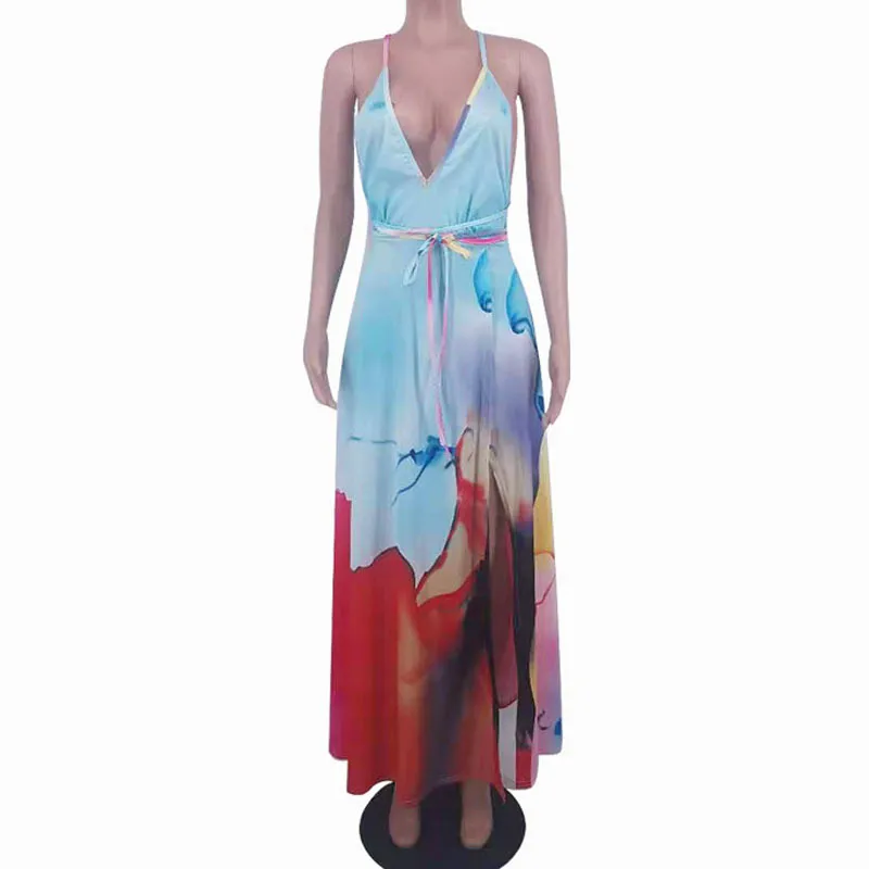 Maxi abito con spacco alto con scollo a V senza schienale Elegante abito da sera senza maniche con imbracatura Vestidos 210521