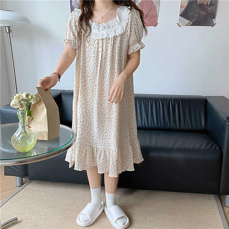 Sweet Sleepwear Girls Florals Printed Home Wear Lace Patchwork Princess Kvinnor Chic Loose Cotton Pyjamas Nightdress 210525