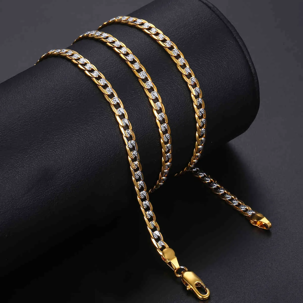 4mm Flat Hammered Curb Cuban Necklace Bracelet Gold Mix Silver Color for Women Men Jewelry Set GN64A 256x