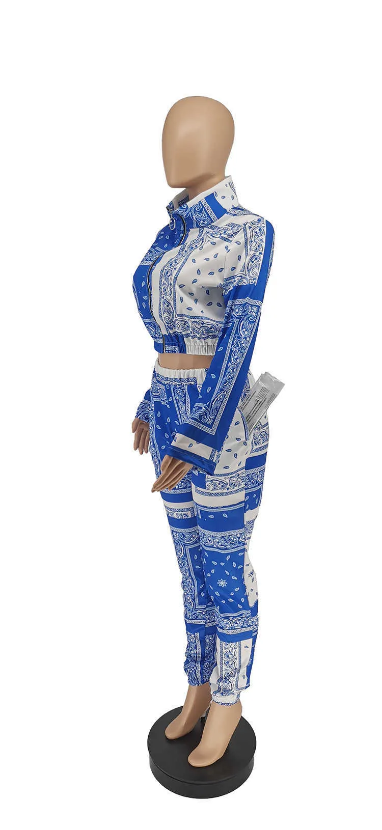 HAOOHU Langarm Damen Set Paisley Bandana Print Zweiteiliges Set Jacke Crop Top Bleistift Hosen Mode Trainingsanzug Y0625