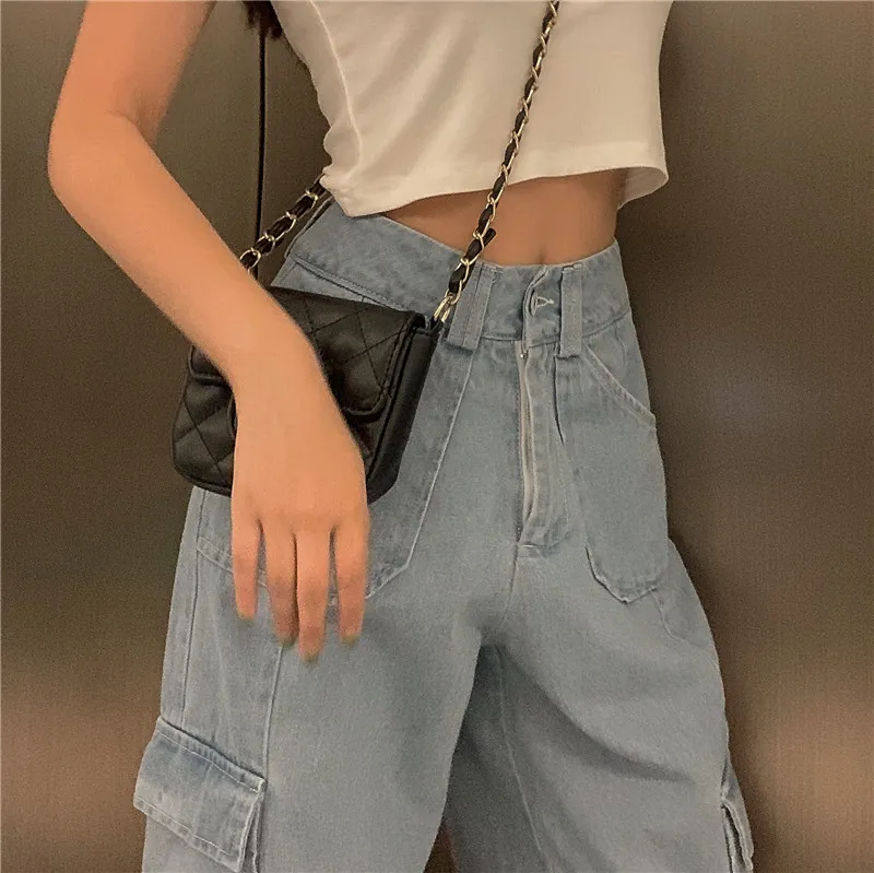 Vintage Wide Leg Woman Jeans High Waisted Blue Casual Long Trousers Korean Streetwear Pockets Denim Pants 25636 210519